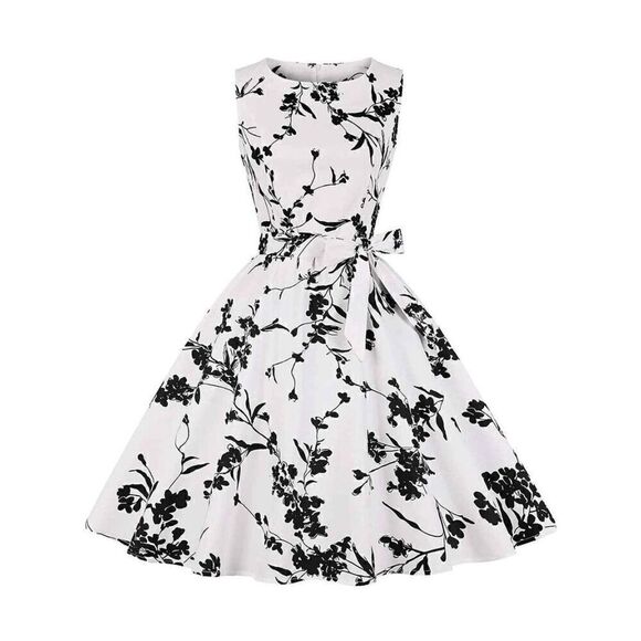 🖤🤍 Pinup Retro Vintage 1950s Floral White Rockabilly Dress w/Belt NEW L - Picture 1 of 16